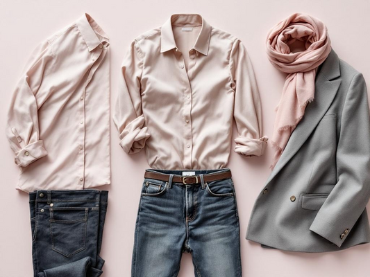 Flat lay van kleding en accessoires in rustige grijs-roze kleuren: opgestroopte mouw, blouse met riem in jeans en blazer met sjaal, minimalistische en stijlvolle presentatie